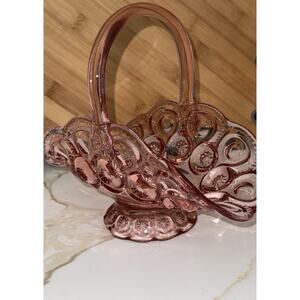 L.E. Smith Moon and Stars Pink Glass Basket with Handle, 9x6” Trinket Dish